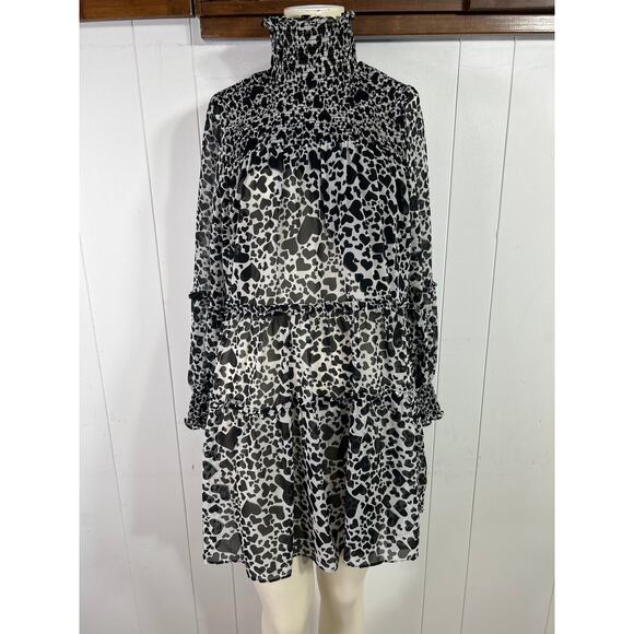 Elan women’s heart print long sleeve smocked, mock neck ruffle tiered dress Med - Picture 1 of 6